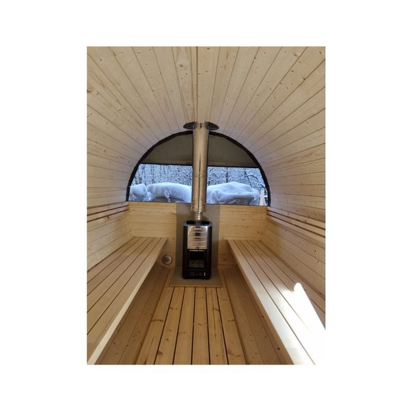 Fasssauna T-Wood Fichte 3,5m + 50 cm Vordach Harvia 20 Pro Ofen Panoramafenster